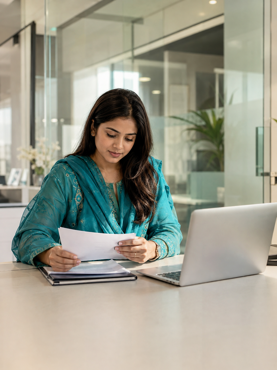 Counsellor reviewing paper documents beside her laptop